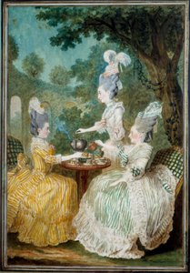 Montessonin, Crestin ja Damaskoksen naiset ottavat Louis carrogis dit Carmontellen (1717-1806) akvarellin 1773. Paris, Musee Carnavalet tekijältä Carmontelle