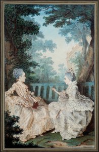Madame de Breget ja Madame de Cassine akvarelli Louis carrogis dit Carmontellen (1717-1806) 1700-luvulla. Pariisi, Carnavalet-museo tekijältä Carmontelle