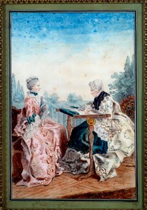 Mademoiselle Melin ja Mademoiselle de Laleu tekevät Louis carrogis dit Carmontellen (1717-1806) akvarellitaustaa 1759. Paris, Musee Carnavalet tekijältä Carmontelle