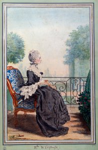 Täyspitkä muotokuva Julie de Lespinassesta (1732-1776) kirjainnaisesta Akvarelli Louis Carrogis (1717-1806), joka tunnetaan nimellä Carmontelle. 1700-luvun Chantilly, conde-museo