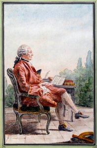 Muotokuva Charles Marie de La Condamine (1701-1774), tutkimusmatkailija ja ranskalainen tiedemies. Louis Carrogis Carmontellen (1717-1806) vesiväri. 1700-luvun Chantilly. Conde museo