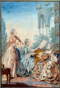 Säveltäjä Joseph Nicolas Pancrace Royerin (1705-1755) kolme tytärtä esittävät Louis Carrogis Carmontellen (1717-1806) baletin Zaide Aquarelle partituurin 1760 Pariisi, Musee Carnavalet tekijältä Carmontelle