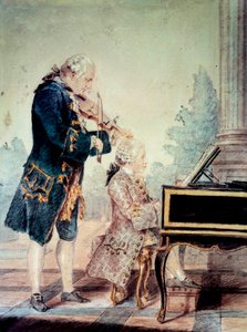 Wolfgang Amadeus Mozart (1756-1791) lapsi soittaa pianoa isänsä Leopoldin kanssa”” Akvarelli Louis Carrogis Carmontelle (1717-1806) 1777 Pariisi, Musee Carnavalet