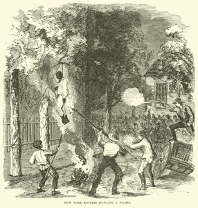 New Yorkin mellakoitsijat hirttivat mustan, heinäkuu 1863 (kaiverrus)