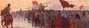 Joukko Venäjän vallankumouksellisen johtajan Aleksanteri Kerenskin kannattajia (värilitho)