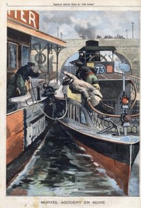 Kuolemallinen onnettomuus Seine-joella: des Bateaux Parisiens -yhtiön työntekijä kuoli törmättyään kahden veneen väliin lähellä Charentonin siltaa. Kaiverrus kirjassa "" Le Petit Parisien"" 17.2.1901.