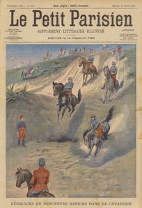 Ranskalainen ratsuväki harjoittelee nopeita jyrkkiä laskuja hevosen selässä (väri litho) tekijältä (after) Carrey