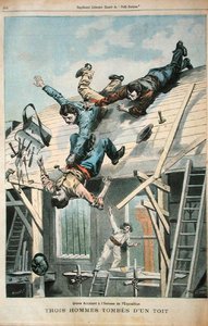 Kolme katolta putoavaa miestä, "Le Petit Parisian", kaiverrus Fortune-Louis Meaulle (1844-1901) 8. huhtikuuta 1900 (väri litho) tekijältä (after) Carrey