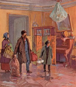 Työväenluokan venäläinen perhe ottaa haltuunsa porvarillisen asunnon vallankumouksen jälkeen (väri litho) tekijältä (after) Carrey