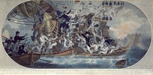 Hänen majesteettinsa edesmenneen aluksen, Hermionen (nykyään Retribution) kyytiin nouseminen ja vangitseminen 25. lokakuuta 1799, kaiverrus Roffe (värillinen etsaus) tekijältä (after) Elms