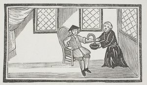 Esitys petollisesta munkista, joka vuotaa hänet kuoliaaksi, kuvitus John Ashtonin pubista "Chap-books of the Eightenth Century". 1882 (litho) tekijältä (after) English School