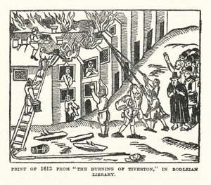 Bodleianin kirjastossa oleva vedos vuodelta 1613 elokuvasta "The Burning of Tiverton" (litografia). tekijältä (after) English School