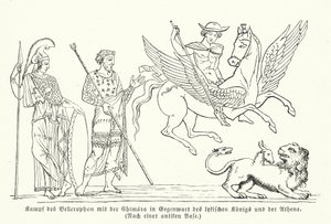 Bellerophon taistelemassa khimairaa vastaan (kaiverrus) tekijältä (after) German School