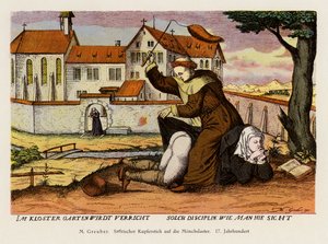 Munkki kurittaa nunnaa luostarin puutarhassa (värilitografia). tekijältä (after) German School