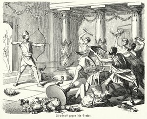 Odysseus tappaa Penelopen kosijat (kaiverrus) tekijältä (after) German School