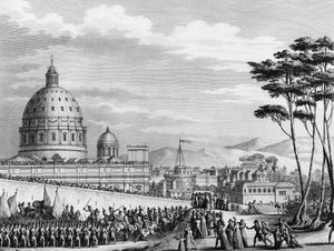 Ranskan vallankumous: Ranskan voittoisa saapuminen Roomaan Italiassa helmikuussa 1798, jota johti kenraali Louis Alexandre (Louis-Alexandre) Berthier, joka hyökkäsi paavivaltioihin ja valtasi Rooman kaupungin helmikuun 11. päivänä
