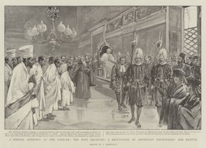 Erikoistunto Vatikaanissa, paavi vastaanottaa Abessinian lähetyssaarnaajien ja alkuperäiskansojen valtuuskunnan (litho) tekijältä (after) Italian School