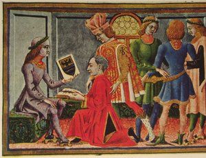 Keisari Fredrik III vastaanottaa tähtitieteilijä Giovanni Bianchinin kirjan "Tablets of Astrology" (värilitho)