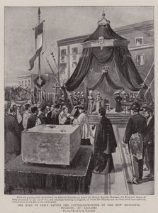 Italian kuningas laskemassa peruskiven uudelle kunnallisrakennukselle Cagliarissa (litho) tekijältä (after) Italian School