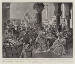 Kansallinen näyttely Torinossa, kahvila maurilaisen tuomioistuimen sisäänkäynnissä (litho) tekijältä (after) Italian School