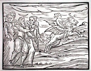 Noita pirullisen vuohen selässä, kopio kuvituksesta, joka on peräisin F. Guacciuksen vuonna 1608 Milanossa julkaisemasta "Compendium Maleticarum" -teoksesta, jota on käytetty 1800-luvun lopulla julkaistussa "History of Magic" -teoksessa (puupiirros).