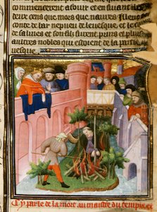 Cott Nero E II pt.2 fol.105 Temppeliherran polttaminen, julkaisusta "Les Grandes Chroniques de France", n. 1415 (vellum)