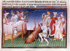 Hautajaiset Kiinassa Tangutin (Gansun) maakunnassa: tuhkauskohtaus Miniatyyri "" The Book of Wonders""" ("" Maailman suunnittelu", "" Il Milione") käsikirjoitus fr.2810 (folio 23) valaistu Master of Boucicaut