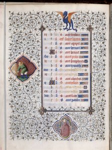 Käsikirjoitussivu "" Les Tres Riches Hours du Duke Francois de Guise"" on horoskooppimerkki ja maataloustyön, sadonkorjuun, esittely. Boucicaut