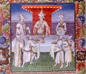 Ateriakohtaus Suuren Khanin pöydässä Land Cathayn pienoismallissa "" The Book of Wonders"" ("" Devisement of the World", "" Il Milione""), käsikirjoitus fr.2810 (folio 136) valaisee Master of Boucicaut ja kirjoittanut Marco Polo, Marco (125