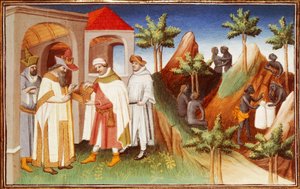 Mr Fr 2810 f.83r, King of Lar ostaa helmiä, pienoismalli "Maailman ihmeiden kirjoista", n. 1410-1412 (tempera vellum)