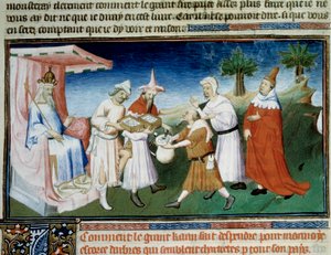 Qubilai (Kubilai Khan, Mongolian Yuan-dynastian ensimmäinen keisari (1215-1294) maksaa ostoksensa pienoiskolikoilla, jotka on otettu Marco Polon "Ihmeiden kirjasta" ("" World Devisement", "" Il Milione"). kuvittanut Master of Boucic