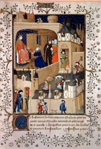 Poliittinen seikkailija Peter the Fruitier dit Salmon tarjoaa käsikirjoitustaan kuningas Kaarle VI:lle (1368-1422). Pienoiskuva Pierre Salmonin "Answers a Charles VI et Lamentations" -teoksesta, jonka Maitre de Boucicaut