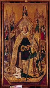 Pyhä Dominica de Silos (1000-1073) valtaistuimella Dominica oli navarran paimen. Hänestä tuli benediktiinimunkki Silosissa Kastiliassa. Cardenas Bermejon maalaus puulle (1435/40-1500) 1400-luku Dim. 242 x 130 cm Madrid, Prado-museo - Saint Dominique of tekijältä Bermejo