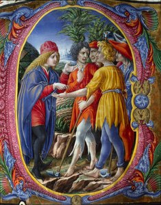 Decoree-lettriini, joka edustaa vertausta murhaavista viininvalmistajista (Evankeliumi St. Matteuksen mukaan Mt 21, 33-43) (Vertaus vuokralaisista) Miniatyyri Liberale da Verona (1445-1529) kuorosta (Cod. 20/5. c.). 2.) Sienan katedraalista. 15-luvulla tekijältä (c.1445 1527) Liberale da Verona
