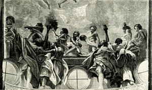 Neitsyt taivaaseenastuminen, yksityiskohta Correggion (1489-1534) freskosta, Parman katedraalin kupoli, Emilia Romagna, Italia, puupiirros Le cento citta d