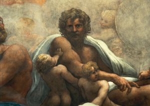 Pyhän Johanneksen evankelista Patmoksella, Kristuksen taivaaseenastuminen apostolien joukossa tai Antonio Allegrin Kristus kirkkaudessa, joka tunnetaan nimellä Correggio (1489-1534), fresko, halkaisija 966x888 cm pohjassa, yksityiskohta, Pyhän Johanneksen 