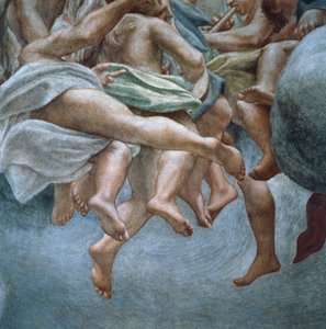 Angels, yksityiskohta freskoista Abrahamin ja Iisakin osasta, Parman katedraalin kupolista, Antonio Allegri Da Correggio (1489-1534) tekijältä (c.1489 1534) Correggio