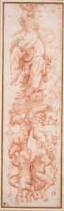 Groteski koristelu holvin kylkilukuun (punainen liitu valkoisella paperilla) tekijältä (c.1489 1534) Correggio