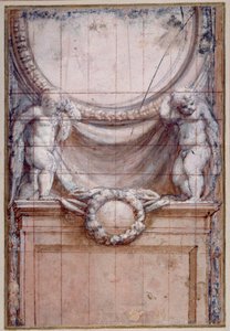 Kaksi puttia, jotka tukevat tyhjää medaljonkia (punainen liitu korotettu valkoisella paperilla) tekijältä (c.1489 1534) Correggio