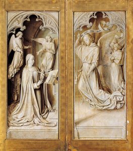 Ilmoitus grisaillessa (yksivärinen harmaa), Moulinsin mestarin triptyykkialttaritaulun ulkosiivet (n. 1489-1502) Notre-Damen katedraalissa, Moulinsissa, Ranskassa. tekijältä (fl.c.1483 c.1529) Master of Moulins