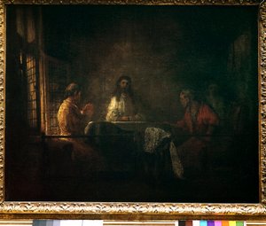 Emmauksen pyhiinvaeltajat Kristus ilmestyy pyhiinvaeltajille, jotka istuvat pöydän ääressä emmauslaisen majatalon ääressä. Harmensz van Rijn dit Rembrandtin (1606-1669) työpajan maalaus