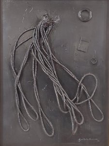 G. C. Riccardi, Combustione n. 3, 1990, sekatekniikka kankaalle, 60x80, Arpino, Umberto Mastroianni -säätiö, Italia.