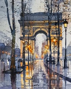 Akvarellimaalaus : Champs Elysées Pariisin Ranska talvella | wall art tulosteita tekijältä F. Abderrahim