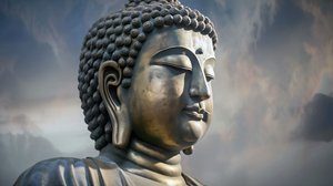 Buddhan muotokuva istuu rauhallisessa meditaatiossa, kehystetty kankaalle tulosta pyynnöstä tekijältä F. Abderrahim