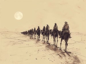 Desert Sun Procession Minimalistinen yhden rivin luonnos, seinäkoriste myytävänä tekijältä F. Abderrahim