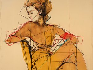 Muoti Illustartion  piirustus naisen istuu, muotokuva Elegantti ruskea mekko, taide tulostaa tekijältä F. Abderrahim