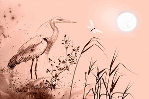 Muste piirustus haikara seisoo Rocks lähellä vettä, seinäkoriste makuuhuoneeseen tekijältä F. Abderrahim