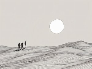 Minimalistinen luonnos, miehet kävelevät autiomaassa auringon kulkue, online taidetulosteita tekijältä F. Abderrahim