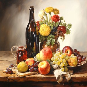 Still life maalaus, kukat, hedelmät  viini, seinä Sisustus tulosteet tekijältä F. Abderrahim