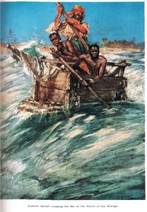 Battell saapuu Mbengon suulle, kuva Jackin vuonna 1921 julkaisemasta The Land of the Golden Trade -kirjasta.
